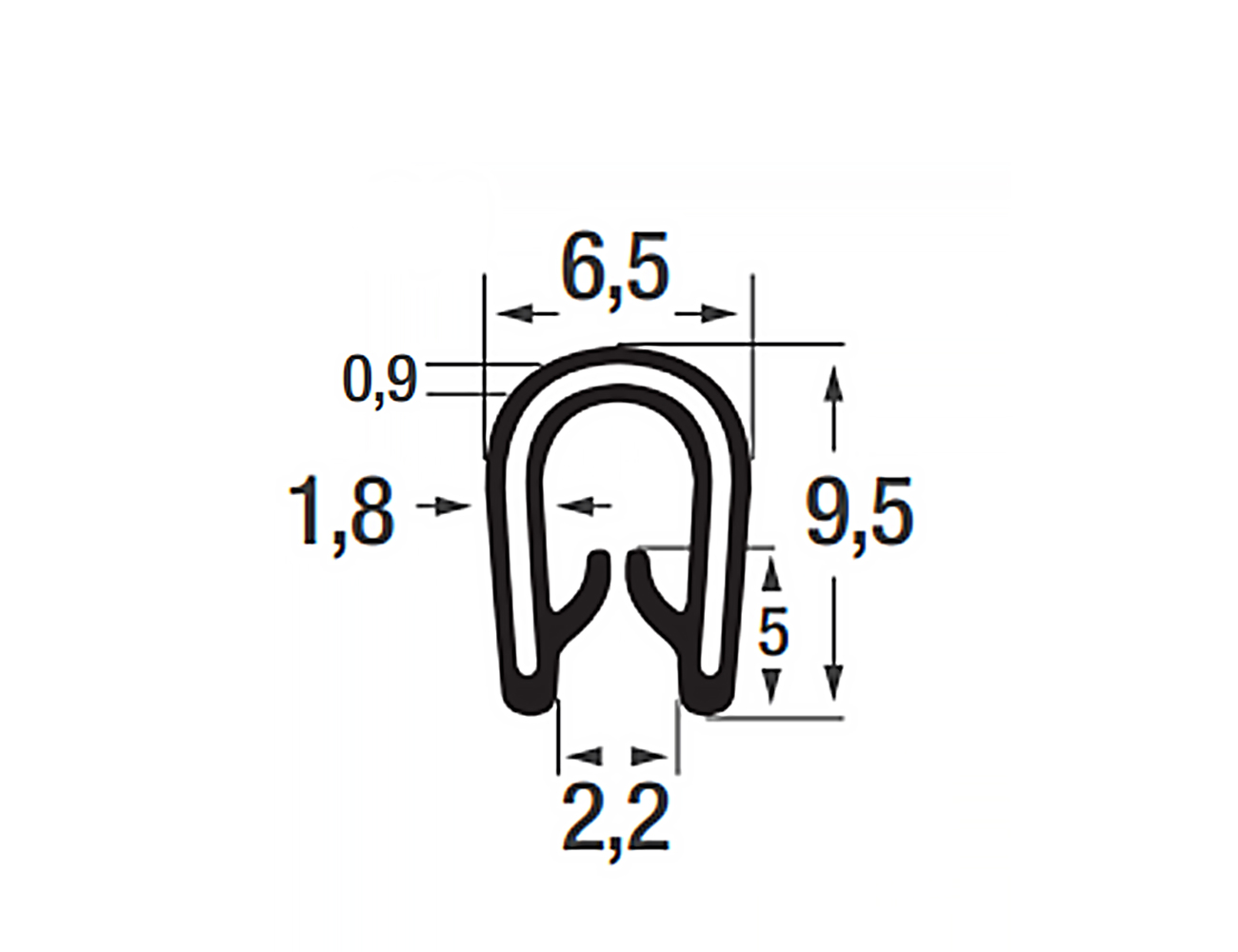 Zelfklemmend kantprofiel 9,5x6,5mm - PVC met POM inlage - klembereik 1-2mm