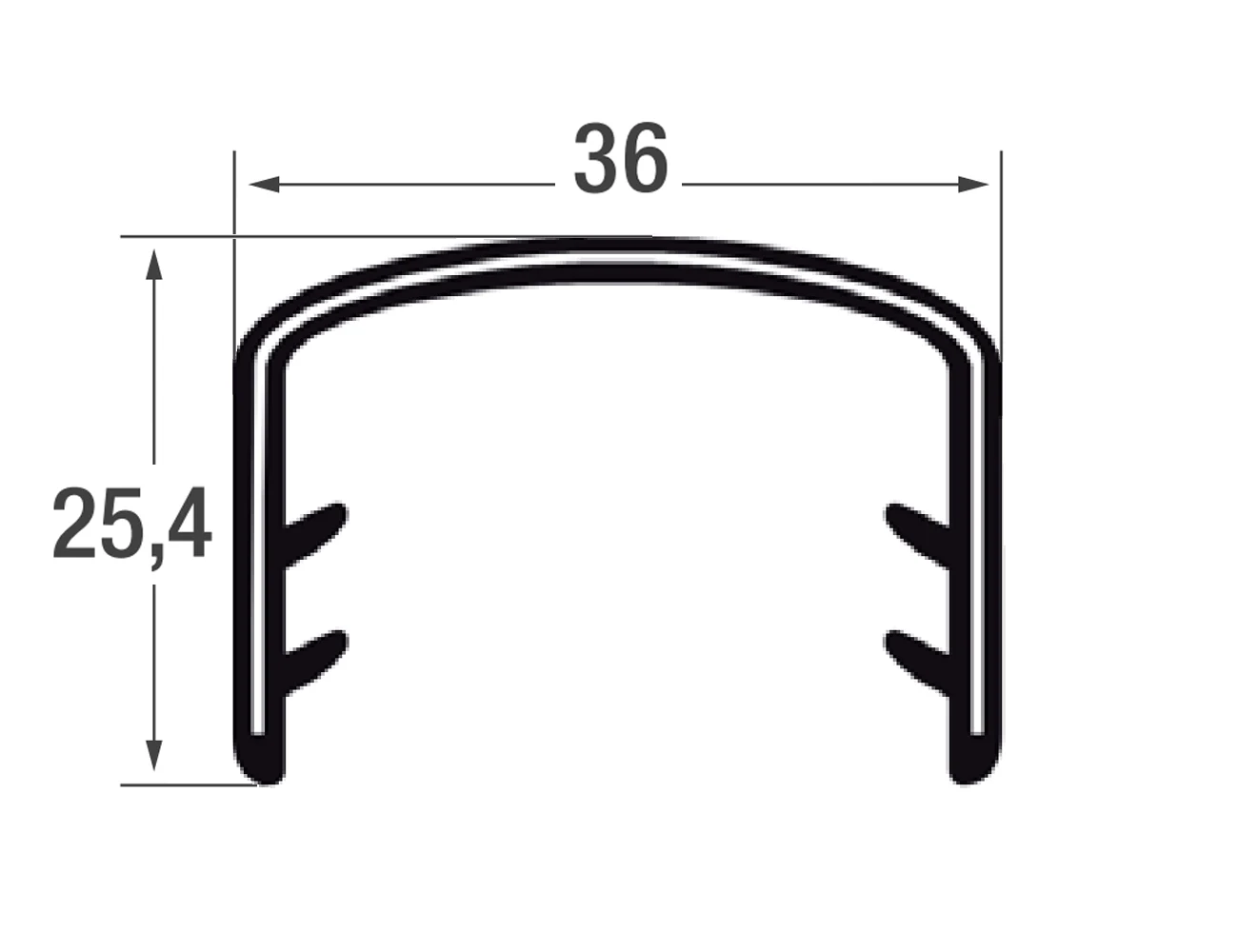 Zelfklemmend kantprofiel 25,4x36mm - PVC met staalband inlage - klembereik 28-32mm