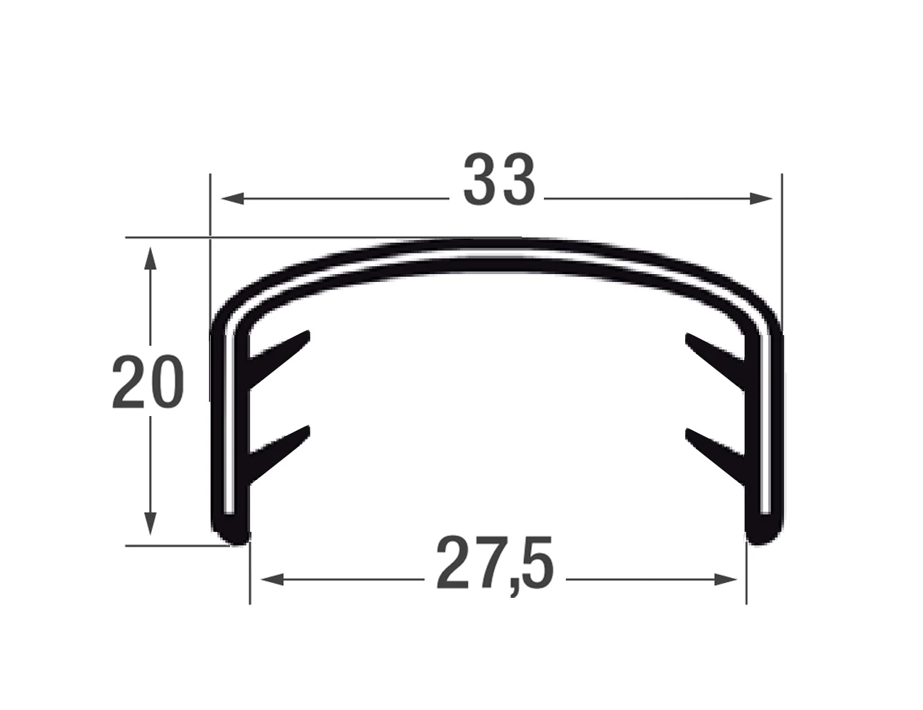 Zelfklemmend kantprofiel 20x33mm - PVC met staalband inlage - klembereik 24-27mm