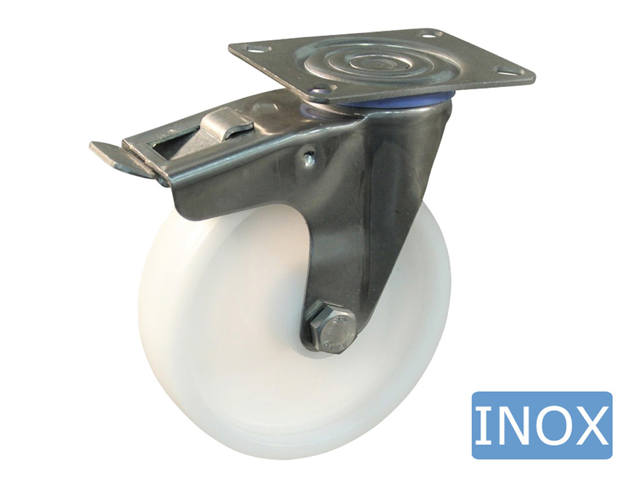 RVS zwenkwiel met rem – plaat - polyamide wiel