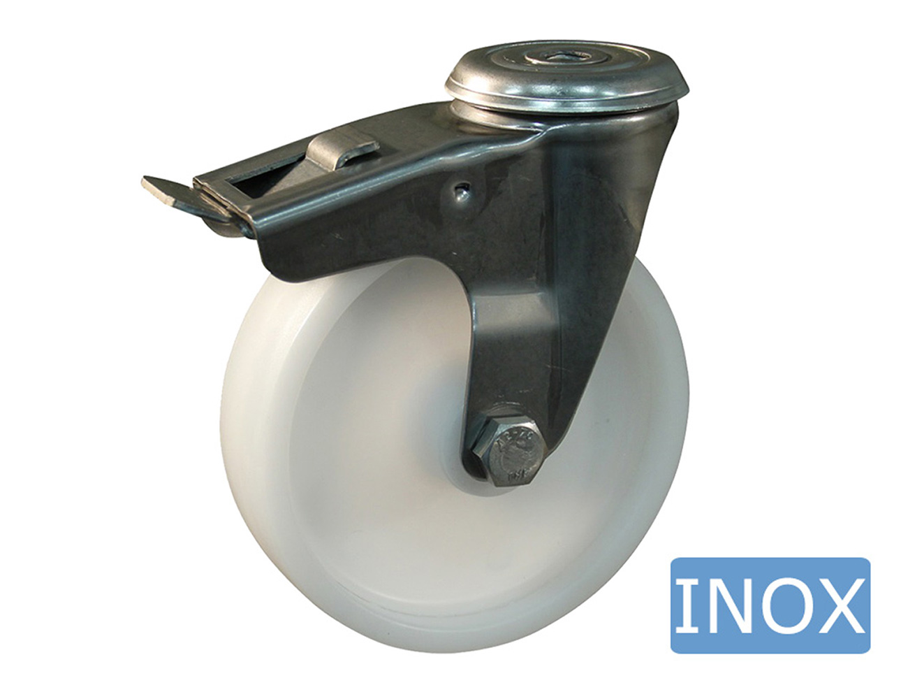 RVS zwenkwiel met rem - boutgat - polyamide wiel