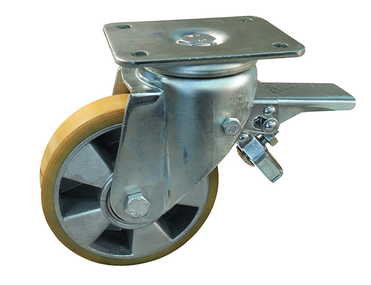 Zwaarlast zwenkwiel met rem - PU band op aluminium velg